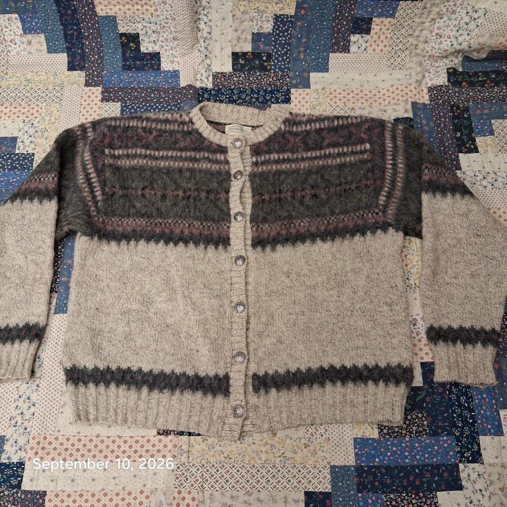 St Johns Bay Wool Cardigan Sweater Womens Medium USA Fair Isle Nordic